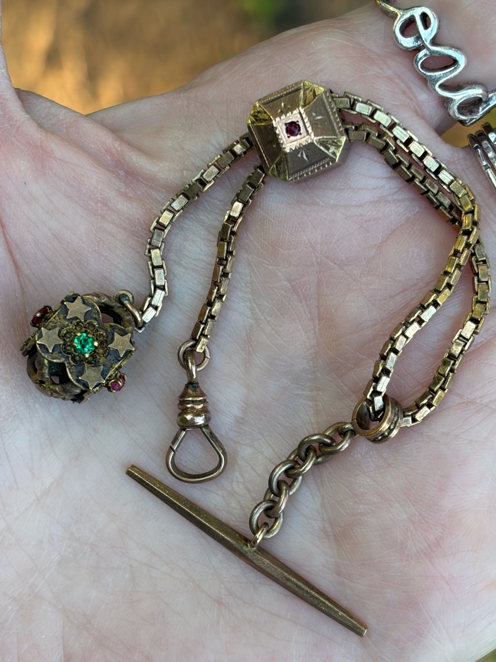 Victorian Gold Fill Or Gold Shell Pocket Watch Fob With Different Color Gems - Picture 16 of 16